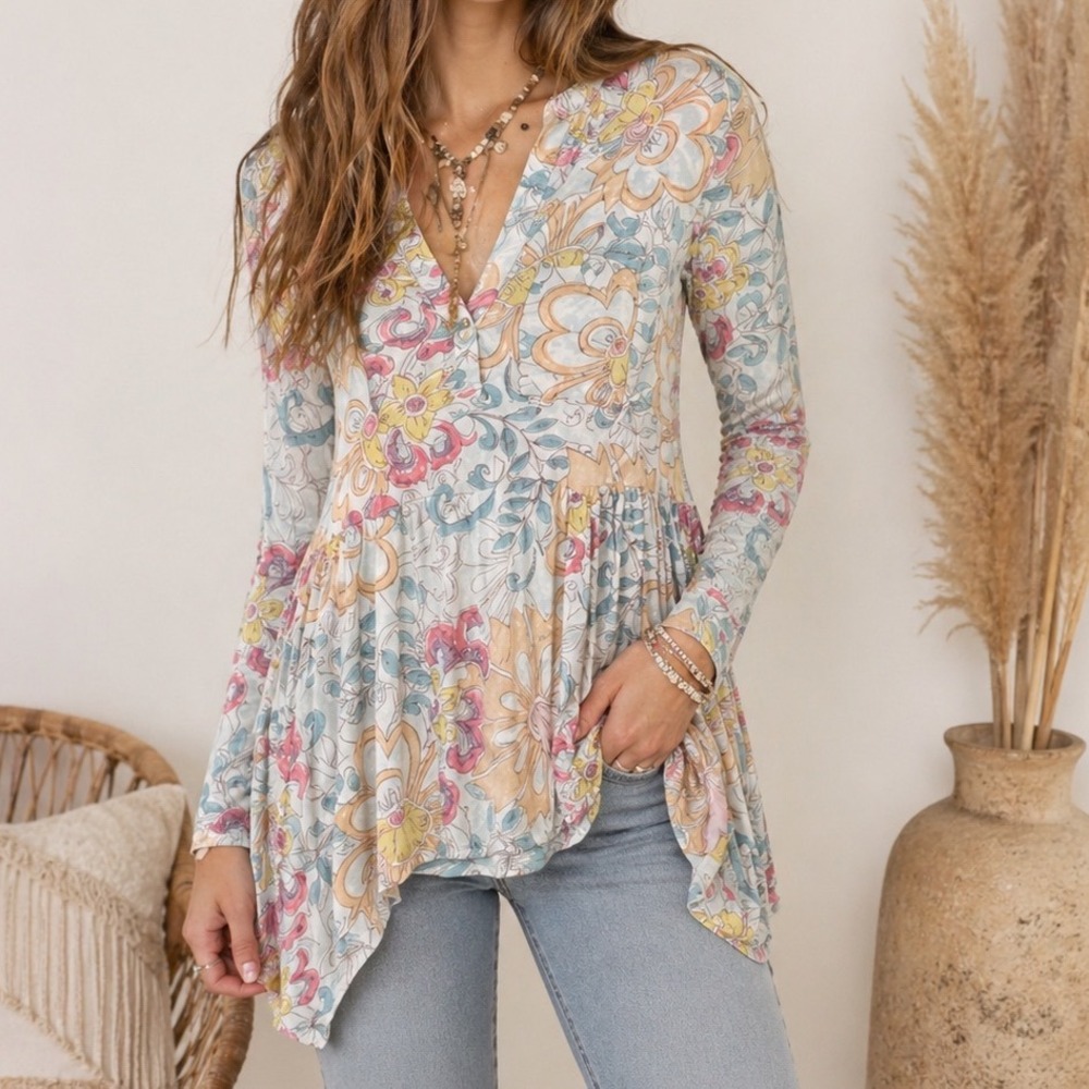 Maeve Anthropologie Floral Peplum Tunic Top Long Sleeve Boho Sharkbite Size 2 EP